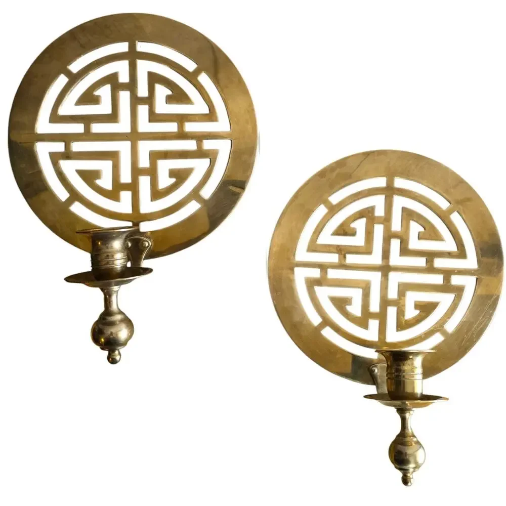 Pair Brass Wall Sconces Chinese Shou Longevity Chinoiserie Hollywood Regency